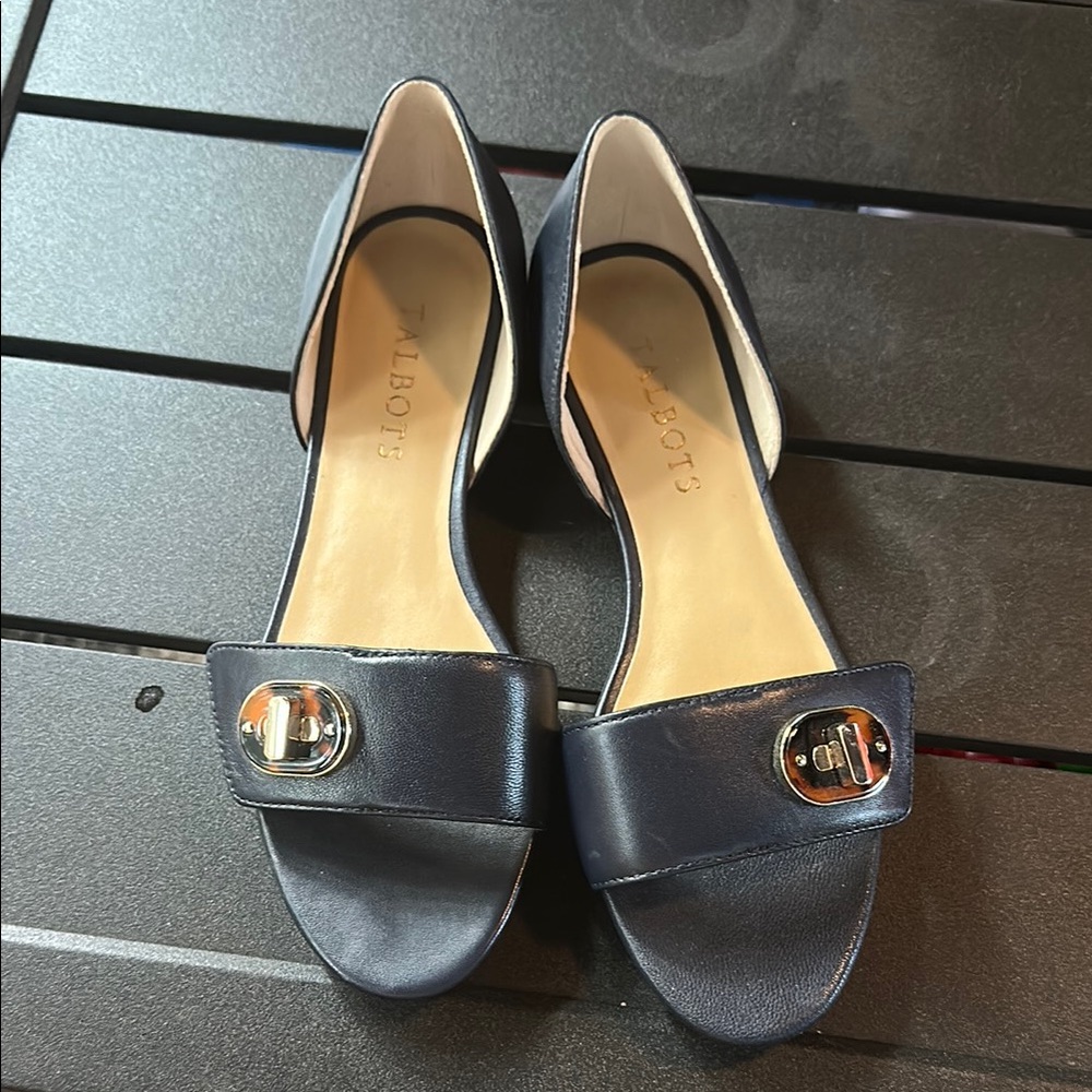 Talbots Dark Blue Open-Toe Flats with Silver Buckle